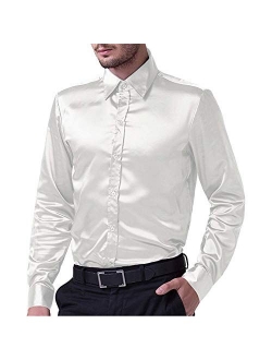 Mens Regular Shiny Silk Like Satin Shirts Slim Long Sleeve Button Down Tuxedo Shirts