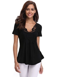 MISS MOLY Peasant Tops for Women Deep V-Neck Lace Ruched Front Ruffle Long Sleeve Blouse Pleated Shirts