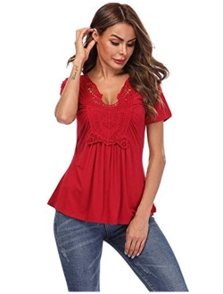 MISS MOLY Peasant Tops for Women Deep V-Neck Lace Ruched Front Ruffle Long Sleeve Blouse Pleated Shirts
