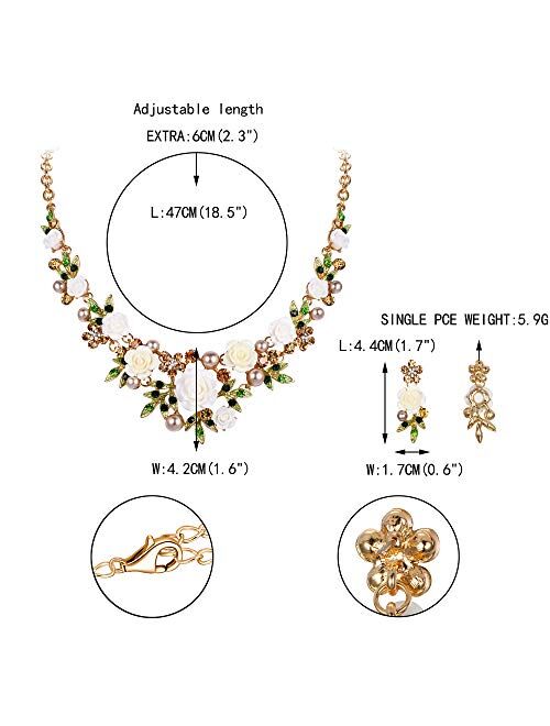 EVER FAITH Women's Austrian Crystal Simulated Pearl Rose Flower Leaf Necklace Pierced Earrings Set