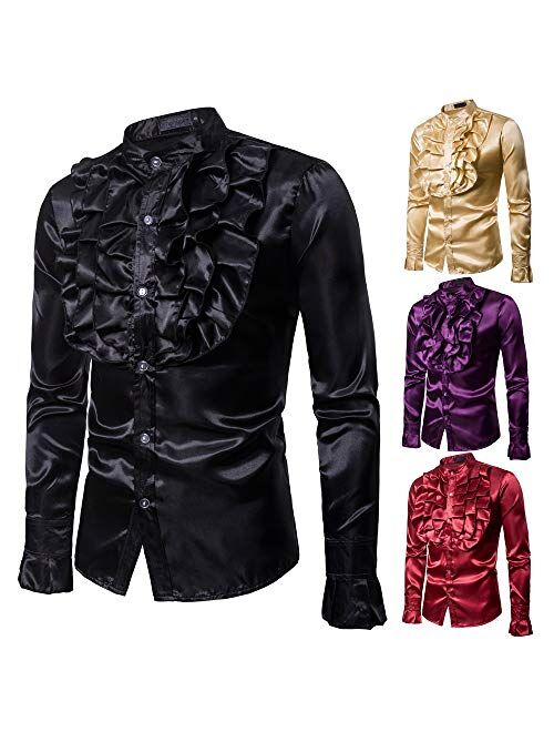 Mens Floral Long Sleeve Dress Shirts Prom Wedding Party Button Down Shirts