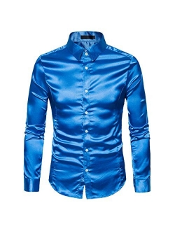 Cottory Men's Night Club Style Satin Weave Pure Color Button Down Shirts