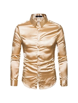 Cottory Men's Night Club Style Satin Weave Pure Color Button Down Shirts