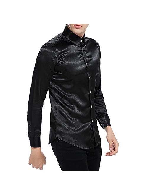 YFFUSHI Men's Shiny Silk Like Satin Dress Shirts Slim Fit Button Down Tuxedo Shirts
