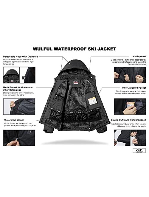 WULFUL Women’s Waterproof Snow Ski Jacket Mountain Windproof Winter Coat with detachable hood