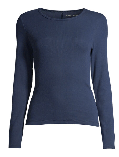 Free Assembly Women's Ribbed Crewneck T-Shirt with Long Sleeves