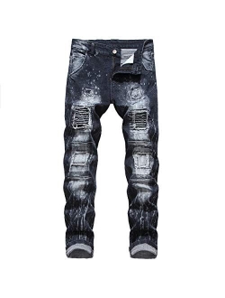 DANT BULUN Men's Ripped Slim Straight Fit Moto Biker Jeans with Zipper Deco