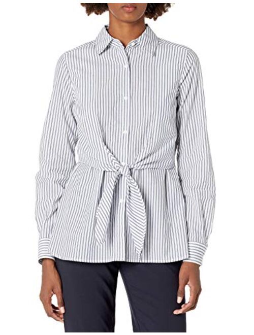 Lark & Ro Women's Standard Woven Collared Top W/Roll Up Sleeve with Button