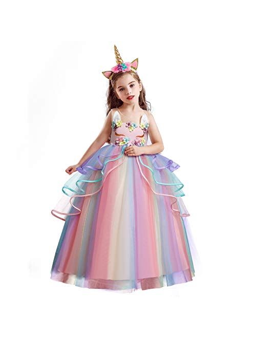 TTYAOVO Princess Girl Dress Long Tulle Gown Flower Girls Unicorn Costume
