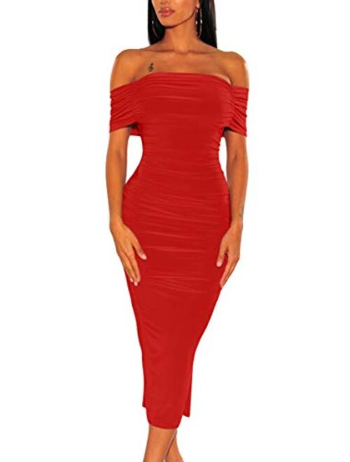 ADEWEL Womens Off Shoulder Long Sleeve Ruched Midi Dresses Bodycon Cocktail Party Dress