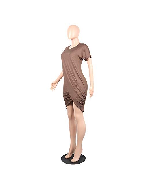 Buy Ophestin Women Short Sleeve Solid Color Bodycon Tight Ruched Wrap T  Shirt Mini Short Dress online | Topofstyle