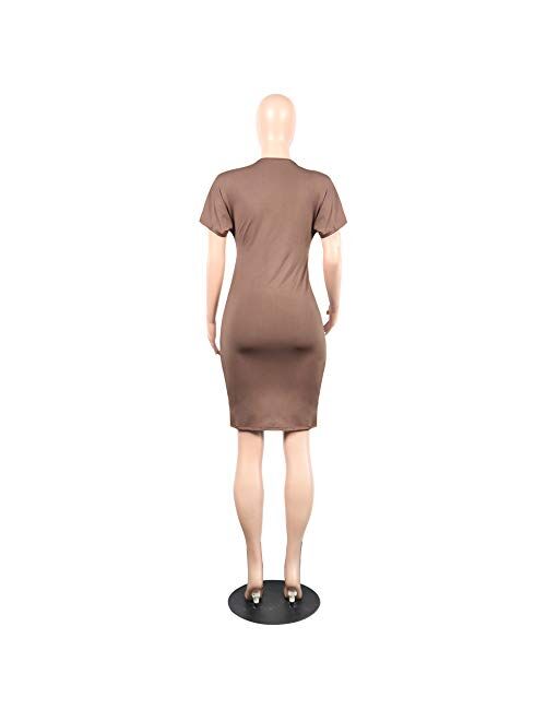 Ophestin Women Short Sleeve Solid Color Bodycon Tight Ruched Wrap T Shirt Mini Short Dress 