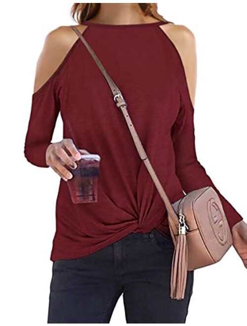 Sarin Mathews Womens Halter Neck Tops Cut Out Shoulder Shirts Casual Tunic Long Sleeve Twist Knot Blouses