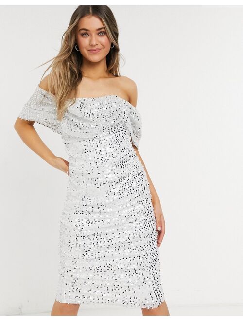 Forever U ruched midi dress in sequin in ivory and gold
