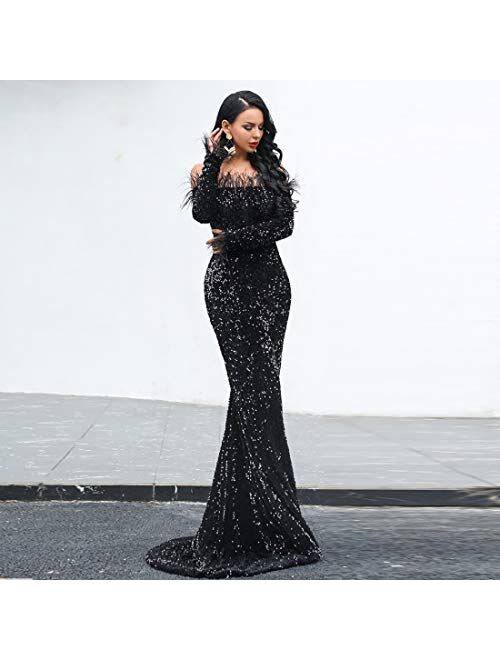 Women Strapless Off Shoulder Backless Long Sleeve Floor Length Feather Sequin Wedding Evening Party Maxi Dress