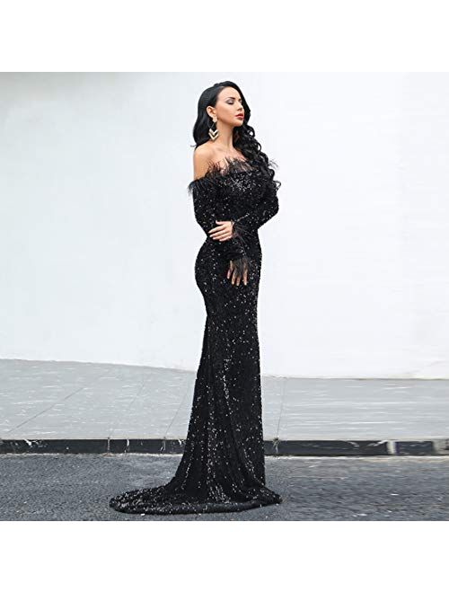 Women Strapless Off Shoulder Backless Long Sleeve Floor Length Feather Sequin Wedding Evening Party Maxi Dress