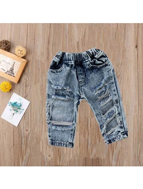 FriBabyfat Toddler Newborn Baby Boys Girls Causal Elastic Waist Destroyed Ripped Jeans Pants