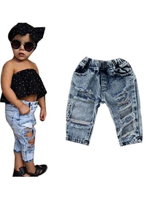 FriBabyfat Toddler Newborn Baby Boys Girls Causal Elastic Waist Destroyed Ripped Jeans Pants