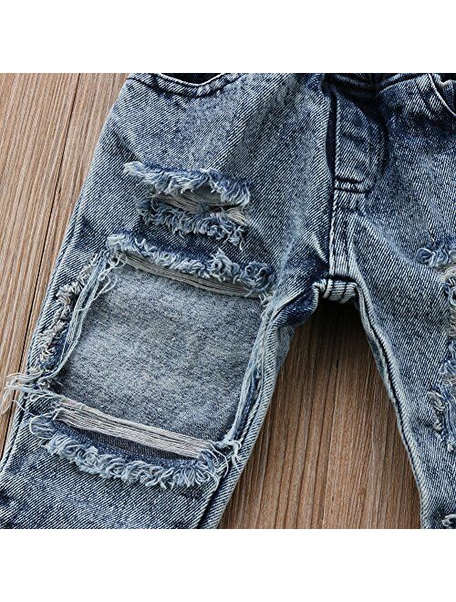 FriBabyfat Toddler Newborn Baby Boys Girls Causal Elastic Waist Destroyed Ripped Jeans Pants