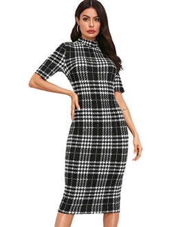 Women's Short Sleeve Plaid Grid Round Neck Elegant Sheath Pencil Bodycon Dress