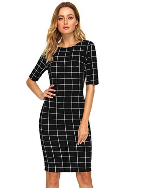 SheIn Women's Short Sleeve Plaid Grid Round Neck Elegant Sheath Pencil Bodycon Dress