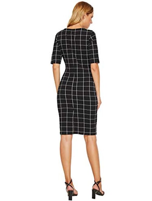SheIn Women's Short Sleeve Plaid Grid Round Neck Elegant Sheath Pencil Bodycon Dress