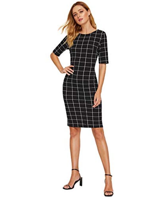 SheIn Women's Short Sleeve Plaid Grid Round Neck Elegant Sheath Pencil Bodycon Dress