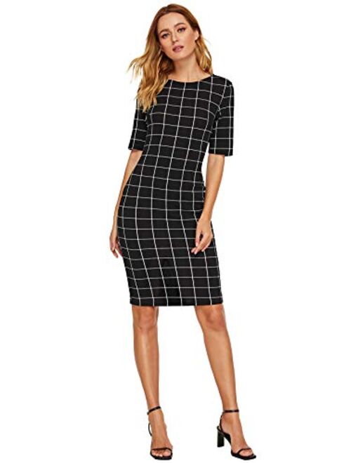 SheIn Women's Short Sleeve Plaid Grid Round Neck Elegant Sheath Pencil Bodycon Dress