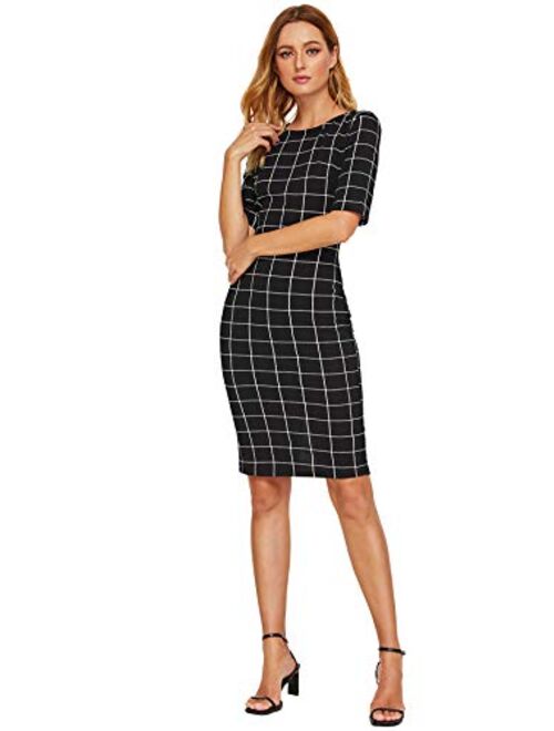 SheIn Women's Short Sleeve Plaid Grid Round Neck Elegant Sheath Pencil Bodycon Dress