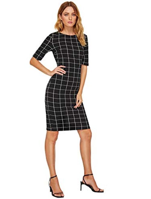 SheIn Women's Short Sleeve Plaid Grid Round Neck Elegant Sheath Pencil Bodycon Dress