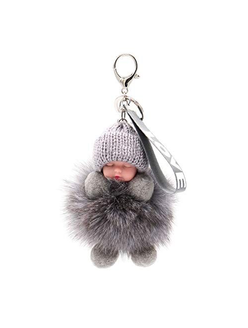 Genuine Fox Fur Baby Keychain - Pom-Pom Bag Purse Charm - Gold Ring Fluffy Fur Ball - Fashion Gift (grey)