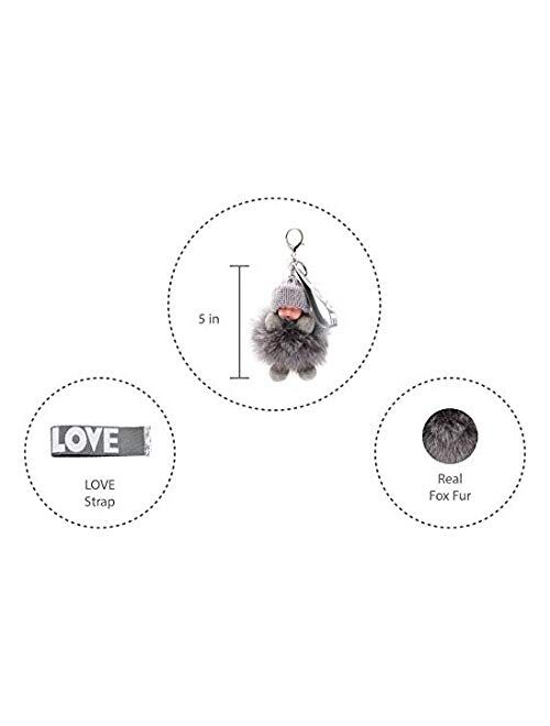 Genuine Fox Fur Baby Keychain - Pom-Pom Bag Purse Charm - Gold Ring Fluffy Fur Ball - Fashion Gift (grey)