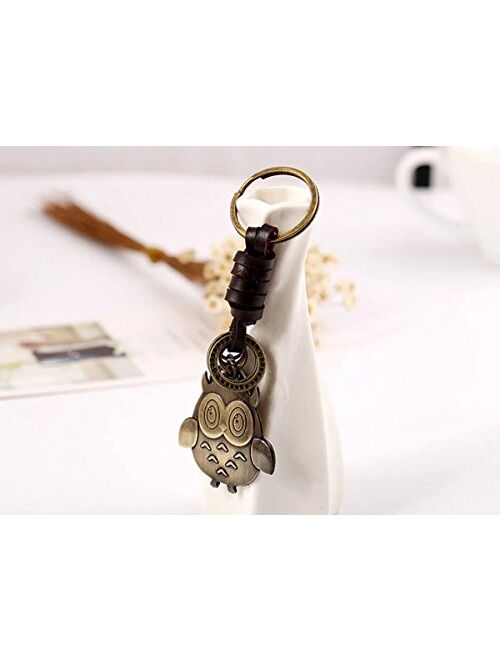 Creative Cute Detachable DIY Handmade Owl Retro Alloy Weave Genuine Leather Car Key Chain Keychain for Women Men