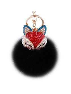 Boseen Genuine Rabbit Fur Ball Pom Pom Keychain with A fashion Alloy Fox Head Studded with Synthetic Diamonds(Rhinestone) for Womens Bag Cellphone Car Charm Pendant Decor