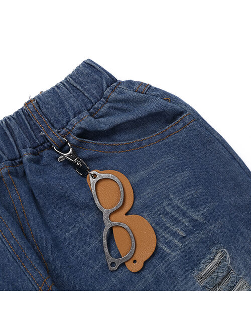 Little Boy Distressed Jeans Trousers Hole Glasses Decoration Elastic Waist with Pocket Nostalgia Spring Clothing