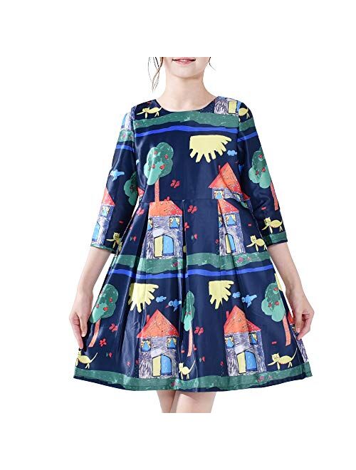 Sunny Fashion Girls Dress Long Sleeve Unicorn Castle Rainbow Purple Size 5-10