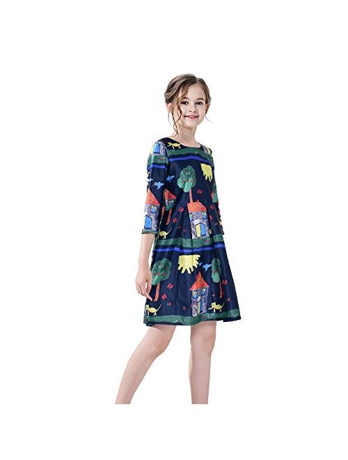 Sunny Fashion Girls Dress Long Sleeve Unicorn Castle Rainbow Purple Size 5-10