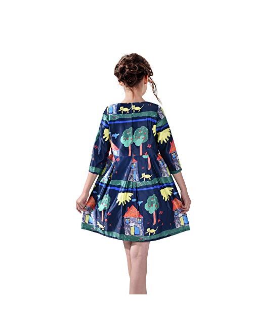 Sunny Fashion Girls Dress Long Sleeve Unicorn Castle Rainbow Purple Size 5-10