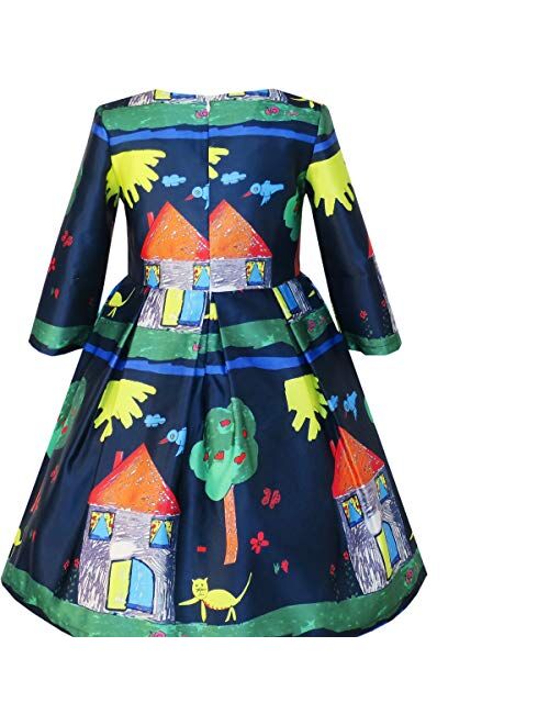 Sunny Fashion Girls Dress Long Sleeve Unicorn Castle Rainbow Purple Size 5-10
