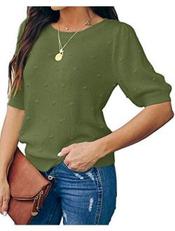 Foshow Womens Spring Puff Short Sleeve Sweaters Crew Neck Pullover Tops Dot Loose Lightweight Knit Blouse Shirt