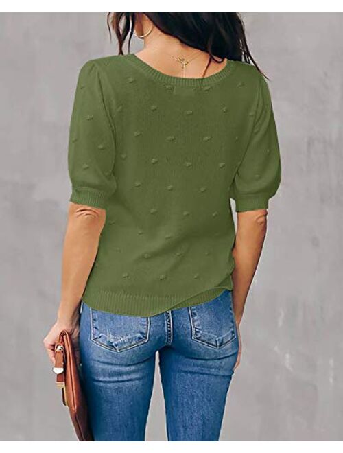 Foshow Womens Puff Short Sleeve Sweaters Tops Spring Soft Crew Neck Dot Pullover Shirt Lightweight Knit Sweater Blouse 
