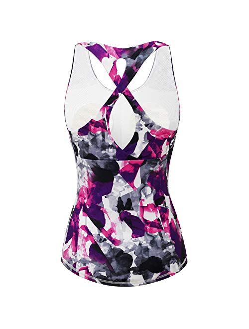 Aonour Workout Tops for Women Built in Bra Tank Tops for Women Cross Back Yoga Tops Slim Fit Gym Clothes for Women
