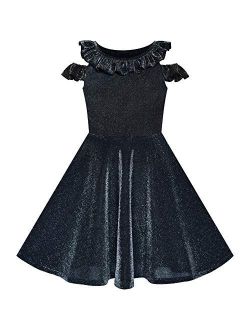 Girls Dress Cold Shoulder Black Dress Sparkling Birthday Size 6-12