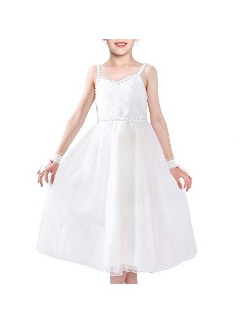 Sunny Fashion Flower Girl Dress Off White Rhinestone Gloves Wedding Party