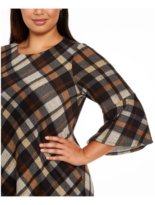 JESSICA HOWARD Womens Brown Plaid Bell Sleeve Jewel Neck Short Fit + Flare Party Dress  Size 3X