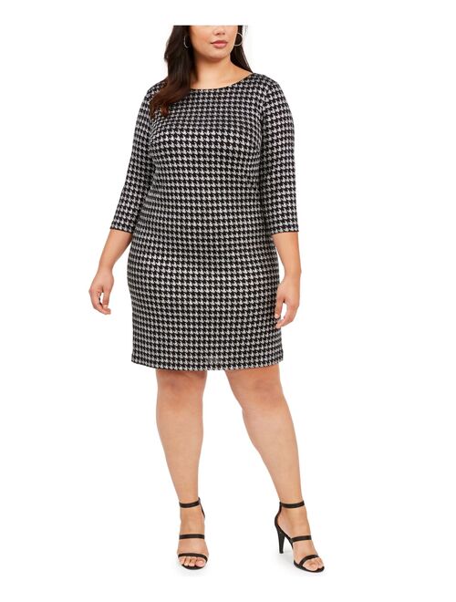 JESSICA HOWARD Womens Silver Glitter Zippered Houndstooth 3/4 Sleeve Jewel Neck Above The Knee Sheath Party Dress  Size 16W