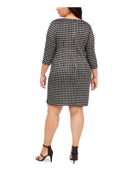 JESSICA HOWARD Womens Silver Glitter Zippered Houndstooth 3/4 Sleeve Jewel Neck Above The Knee Sheath Party Dress  Size 16W