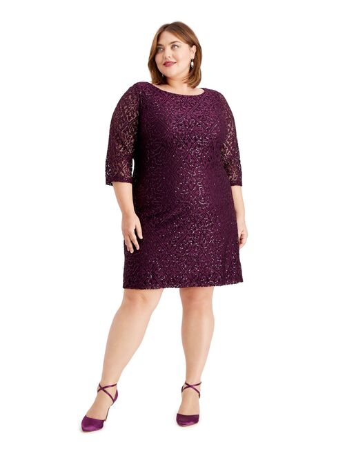 JESSICA HOWARD Womens Purple Sequined Lace Zippered 3/4 Sleeve Jewel Neck Above The Knee Sheath Party Dress  Size 20W