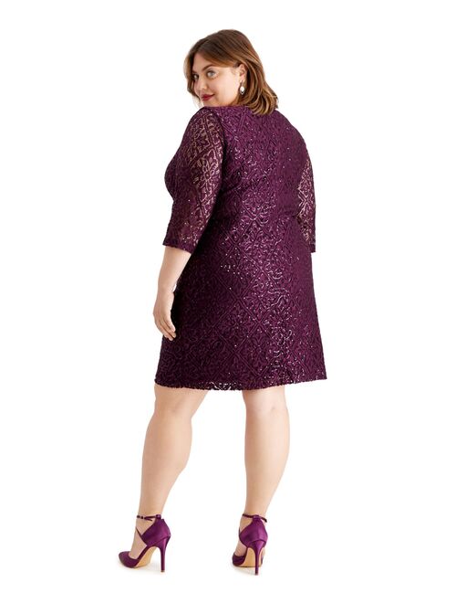 JESSICA HOWARD Womens Purple Sequined Lace Zippered 3/4 Sleeve Jewel Neck Above The Knee Sheath Party Dress  Size 20W