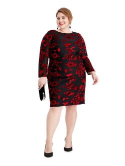 Womens Black Floral Long Sleeve Jewel Neck Knee Length Sheath Evening Dress Size 20W